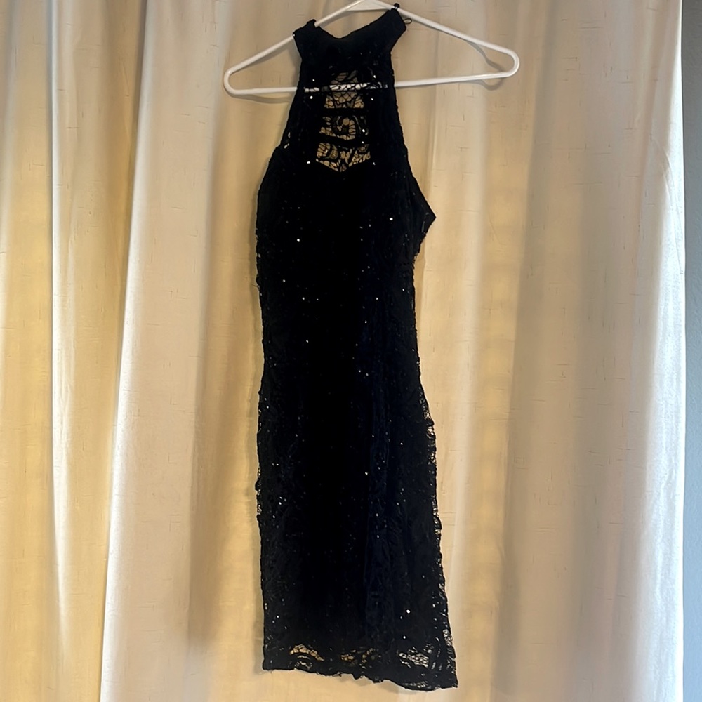 Bodycon black sequence lace dress with open back details